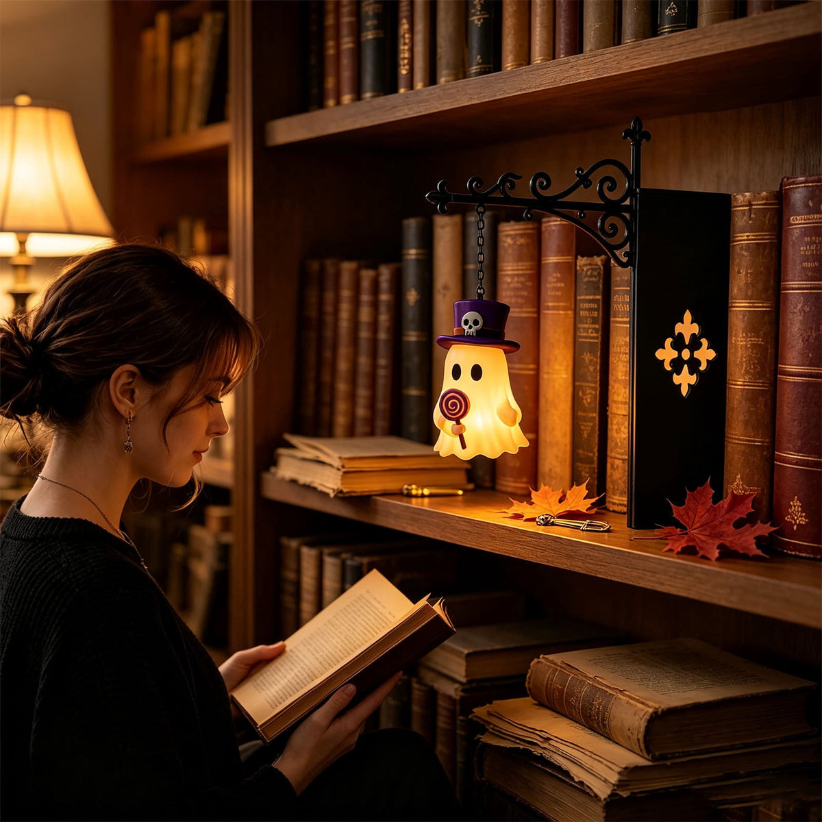 Nkmbld Halloween Bookshelf Lamp, Vintage Library Lantern Decorative Bookshelf Lighting, Hanging Ghost Lantern Book Shelf Light, Halloween Decorations Indoor