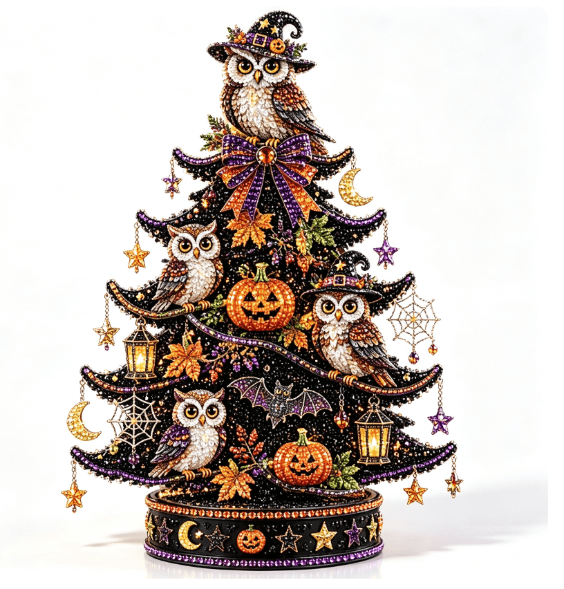 2026 Moonlit Black Cat DIY Halloween Quilted Fabric Tree Kit - Patchwork Fabric Halloween Tabletop Tree, Autumn Mantel Ornament for Adult Rustic Farmhouse Seasonal Display