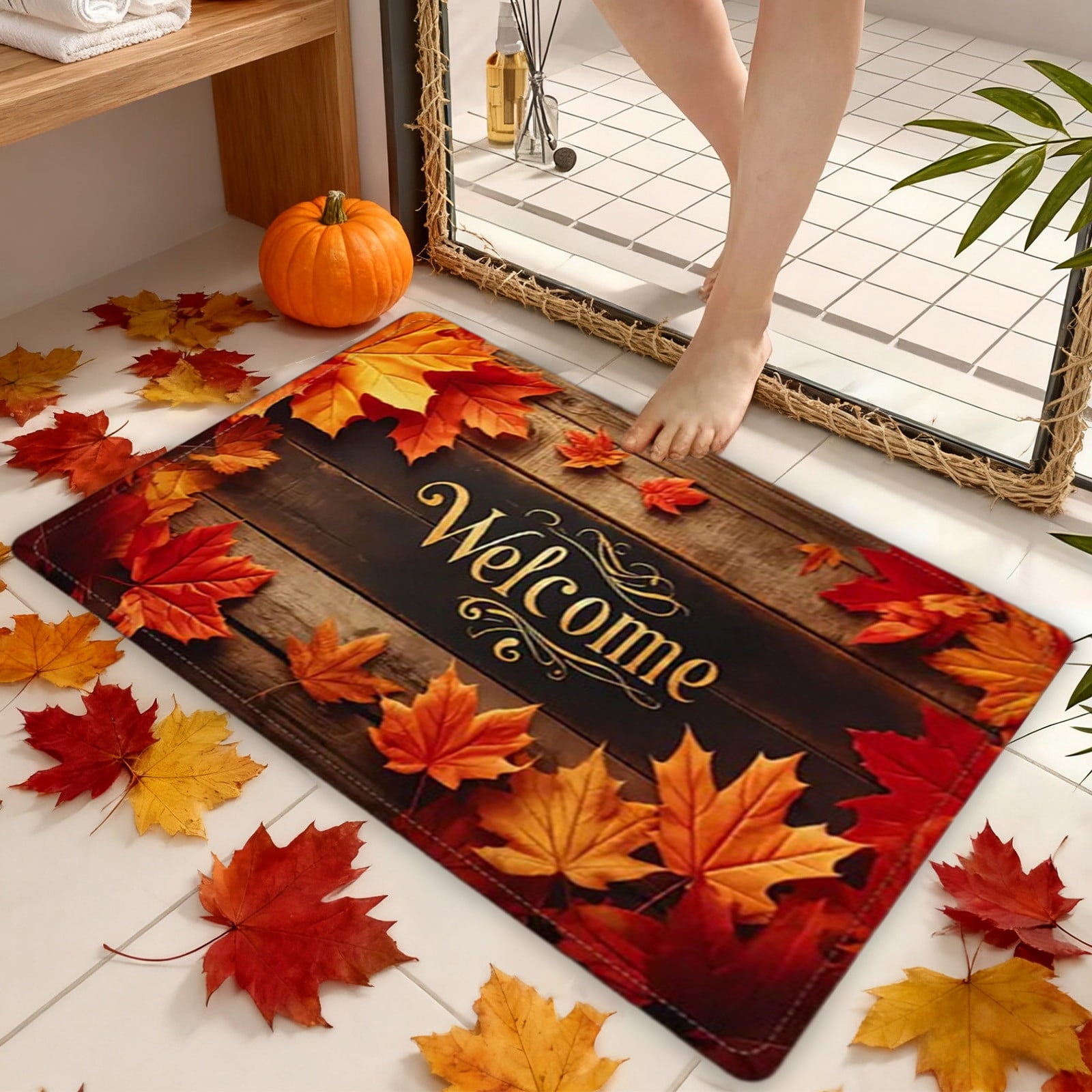 JoyMoreHome Fall Welcome Mat, 20x32 Inch Maple Leaves Door Mats, Decorative Indoor Outdoor Non Slip Entryway Rug, Halloween Thanksgiving Doormat Decor