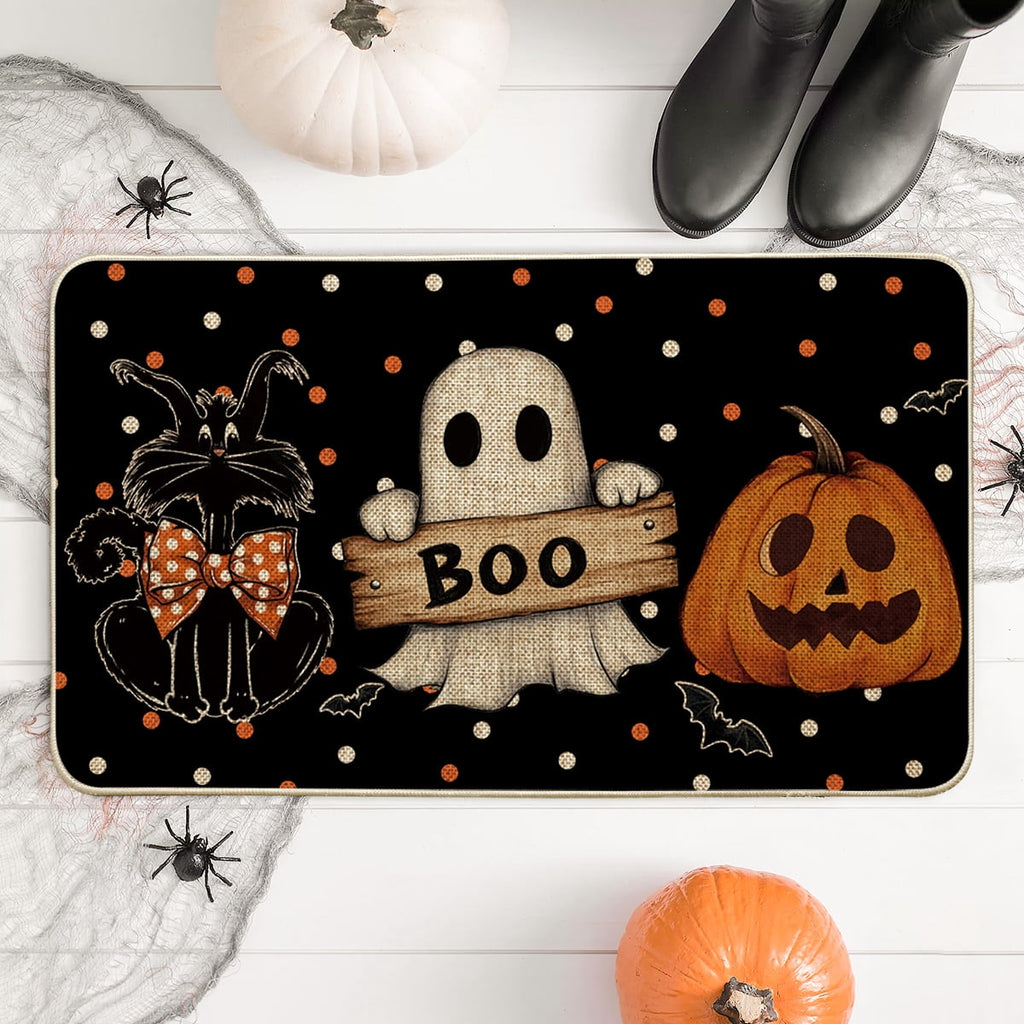 Sm:)e Polka Dot Black Cat, Jack-O'-Lantern, Ghost Halloween Welcome Doormat, 17x29 Inch