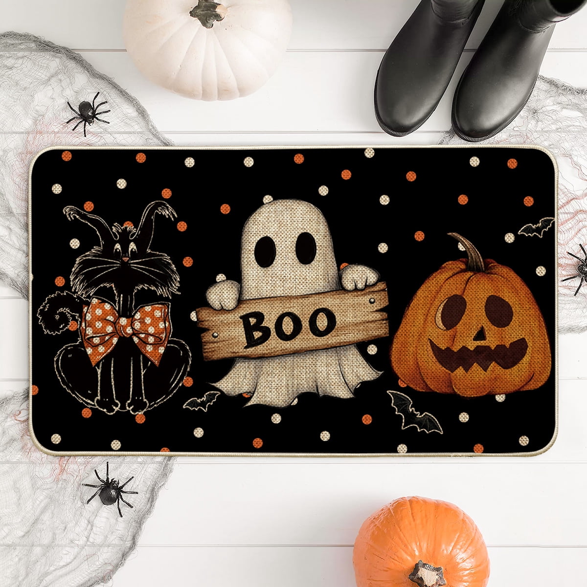 Sm:)e Polka Dot Black Cat, Jack-O'-Lantern, Ghost Halloween Welcome Doormat, 17x29 Inch