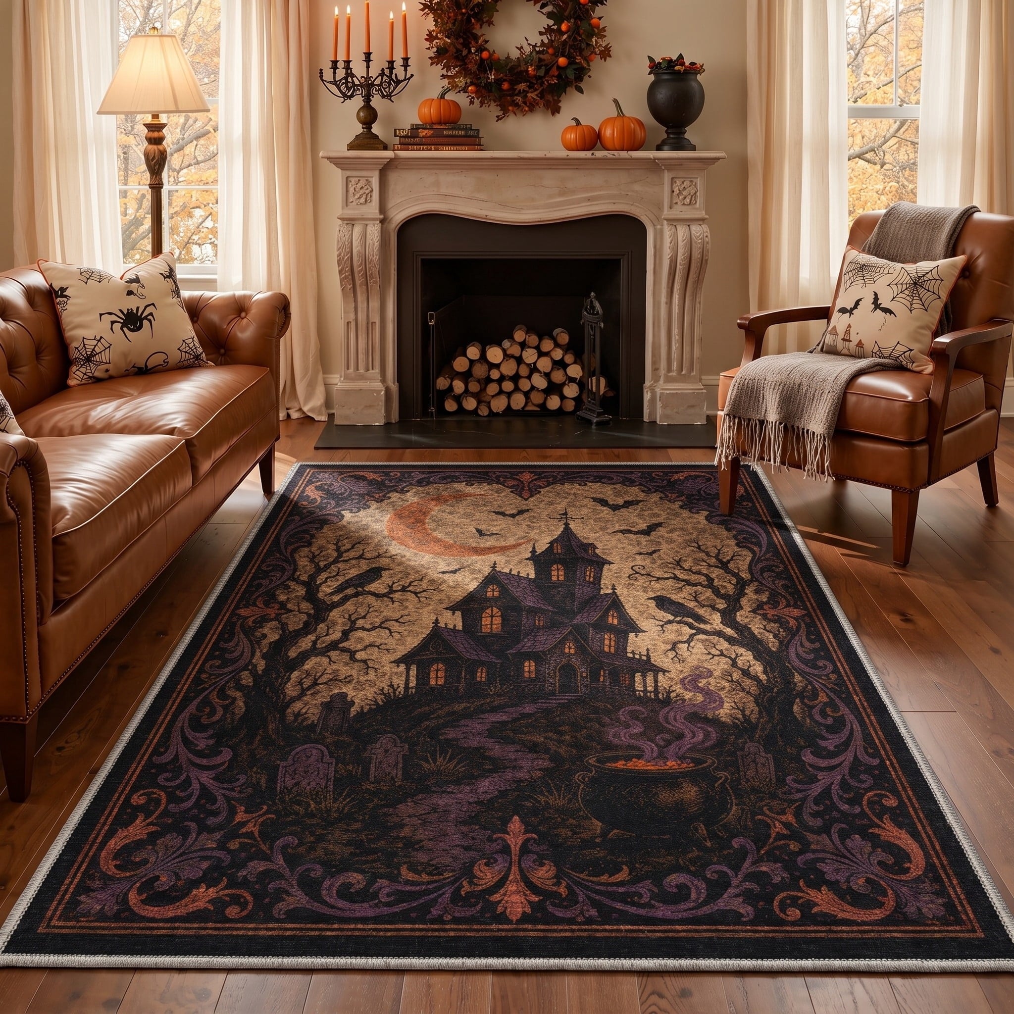GENIMO 2'x7' Halloween Runner Rug, Washable Non Slip Soft Farmhouse Pumpkin Indoor Outdoor Hallway Runner for Porch Patio Kitchen Entryway, Vintage Sepia