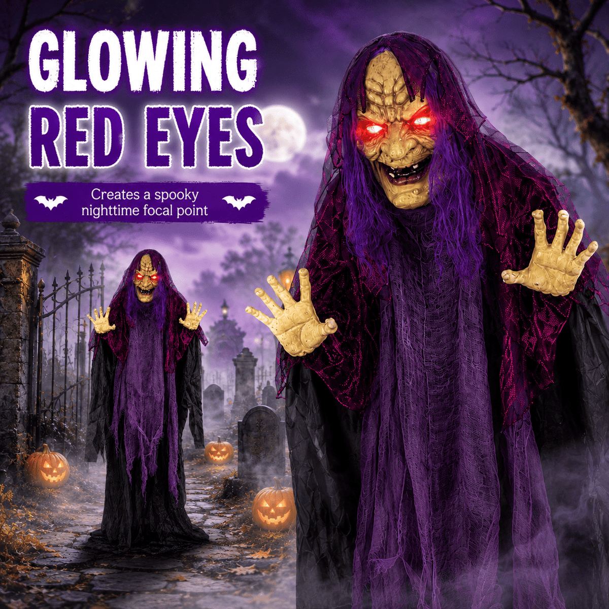 Romswi Halloween Decorations 5ft Standing Witch Animated with Light Up Eyes and Sound-Activated for Spooky Yard Garden Decor