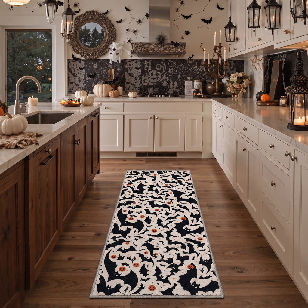 GENIMO 2'x7' Halloween Runner Rug, Washable Non Slip Soft Whimsical Skeleton Indoor Outdoor Hallway Runner for Porch Patio Kitchen Entryway, Charcoal Black