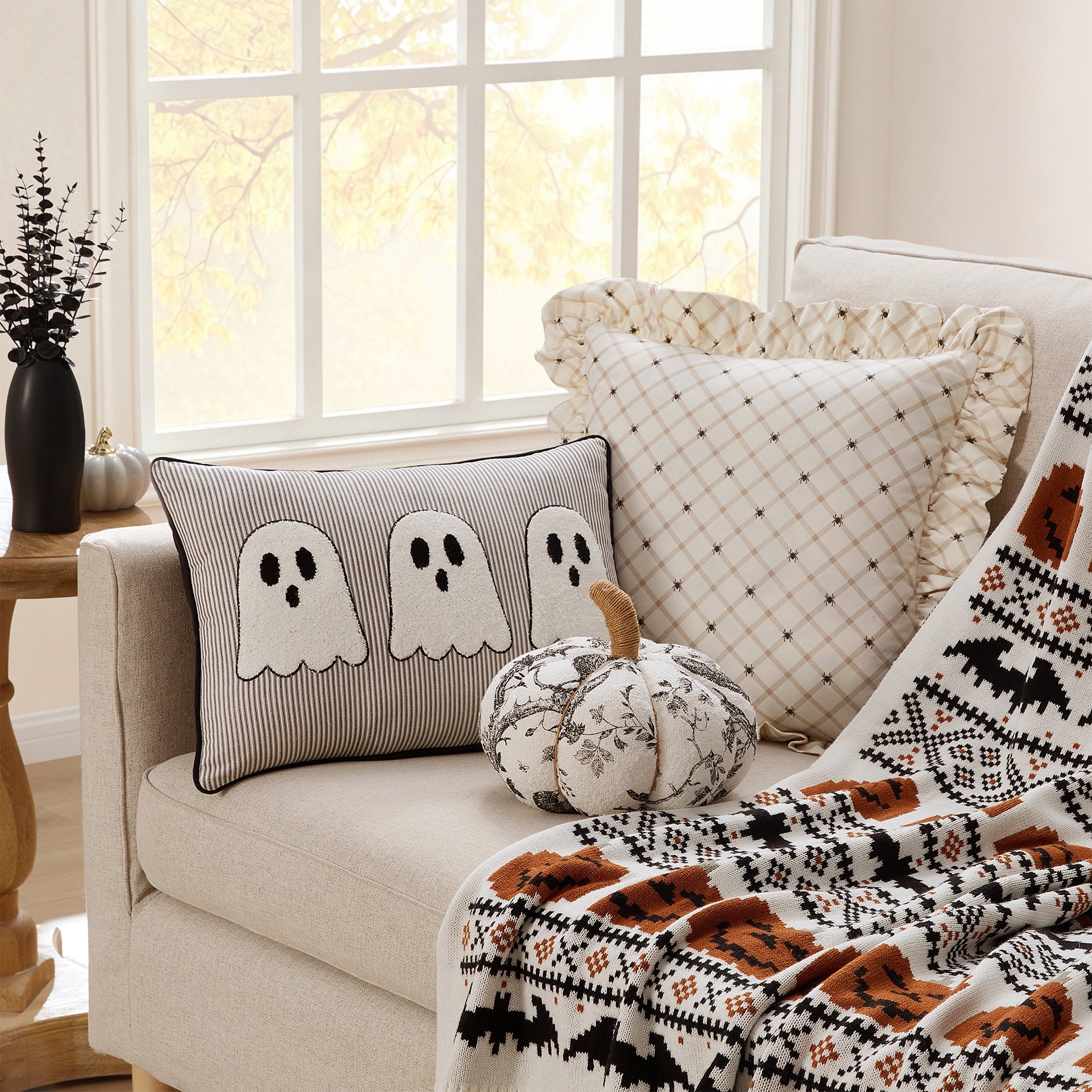 My Texas House Halloween Raven Toile Pumpkin Decorative Pillow, Ivory and Black, 6" x 10"