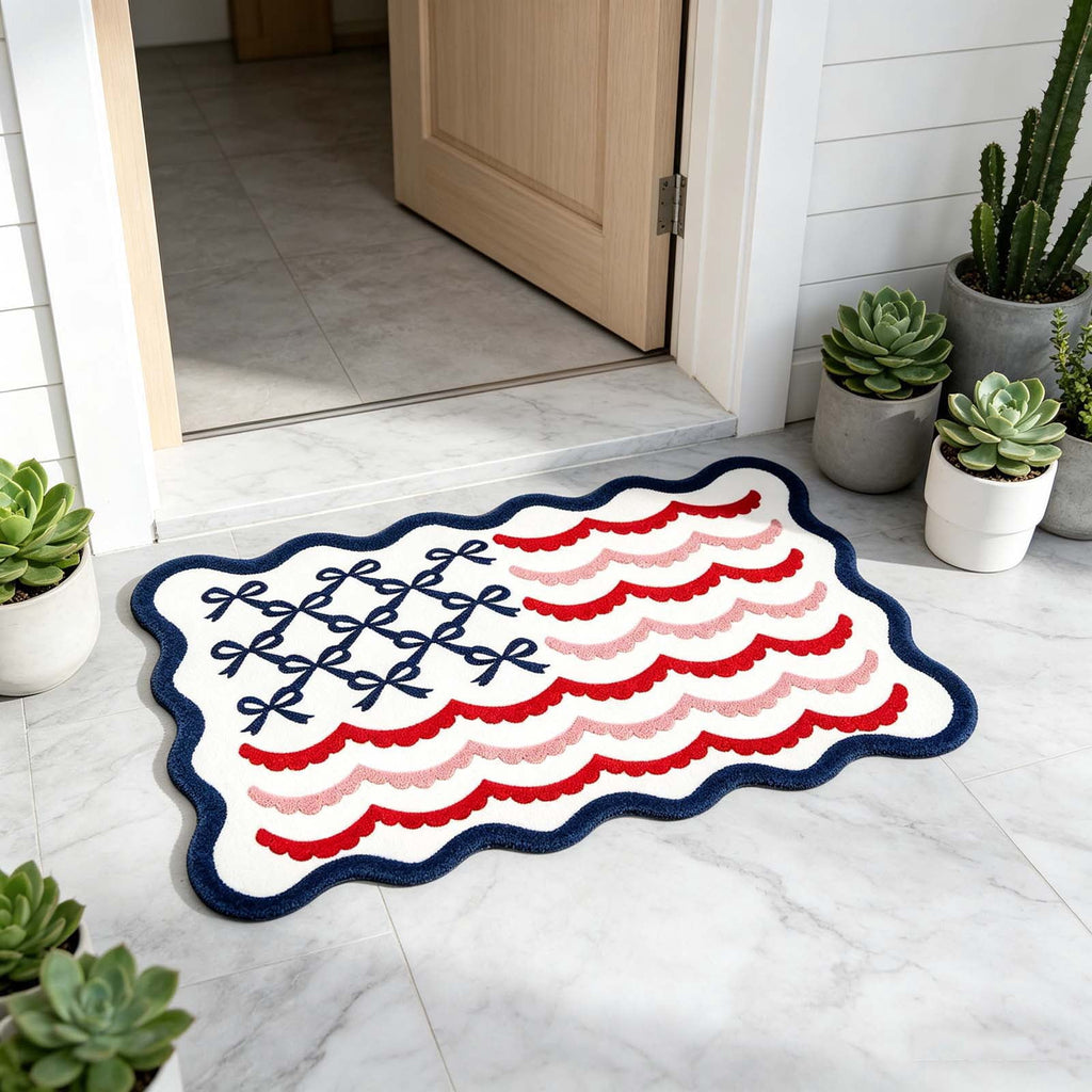 Clearance! 4th of July USA Bow Flag Bath Rugs, 24"x16" Red White Blue Decorative Bathroom Mat, Independence Day Embroidered Patriotic Lumbar Decor, Gift for Mom Dad Friend Family