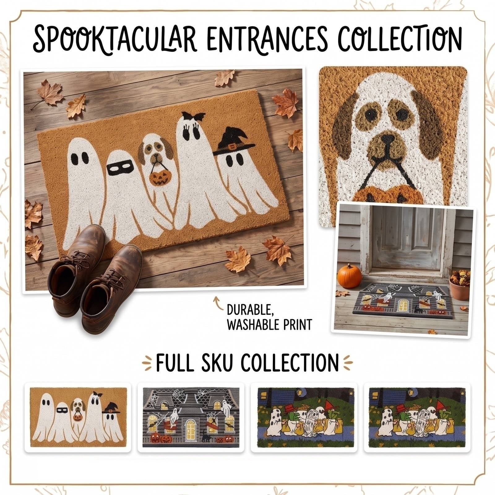 QLUEWX Halloween Doormat 35.4×23.6 Inch, Cute Ghost Dog Printed Coir Front Door Mat, Washable Anti Slip Coconut Fiber Entry Rug for Outdoor Porch Farmhouse Fall Halloween Home Christmas Decor