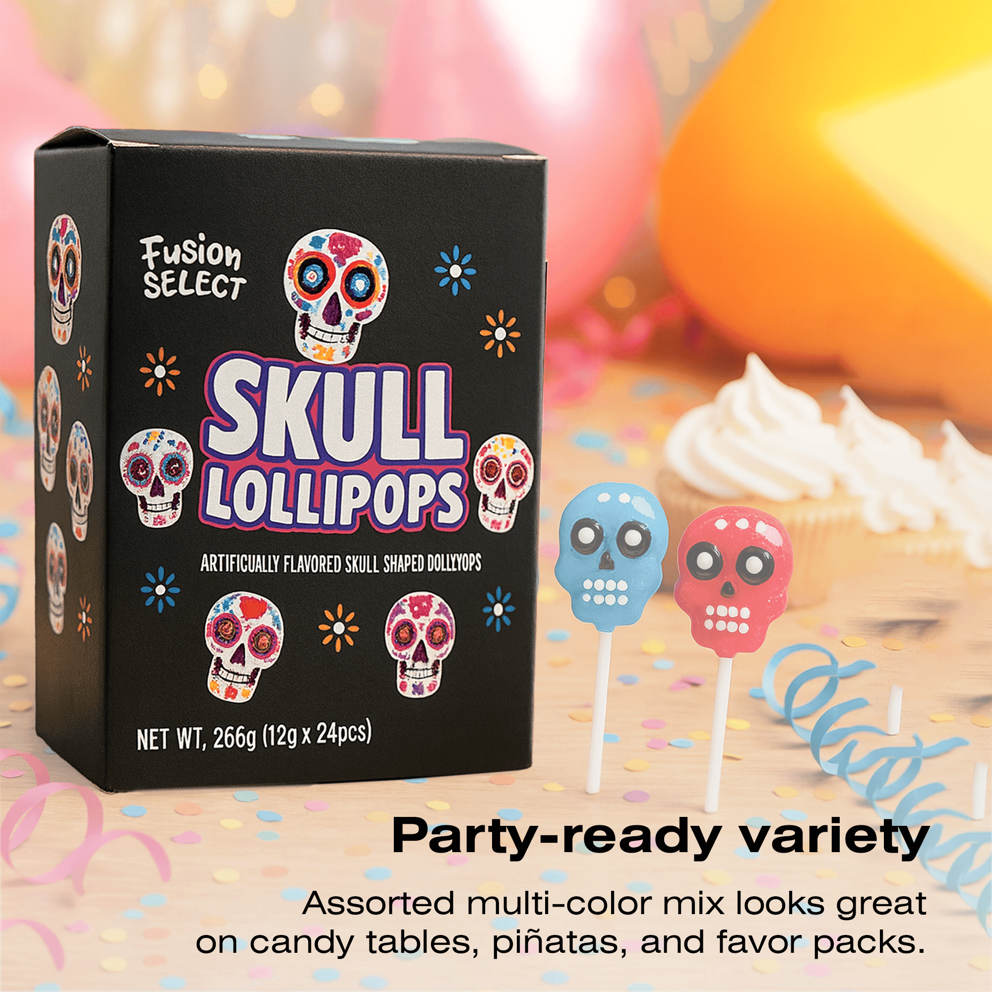 Fusion Select 24 Pcs Sugar Skull Lollipops - Colorful Halloween & Day of the Dead Candy - Individually Wrapped Novelty Treats for Kids - For Trick or Treat, Themed Party Favors & Celebrations