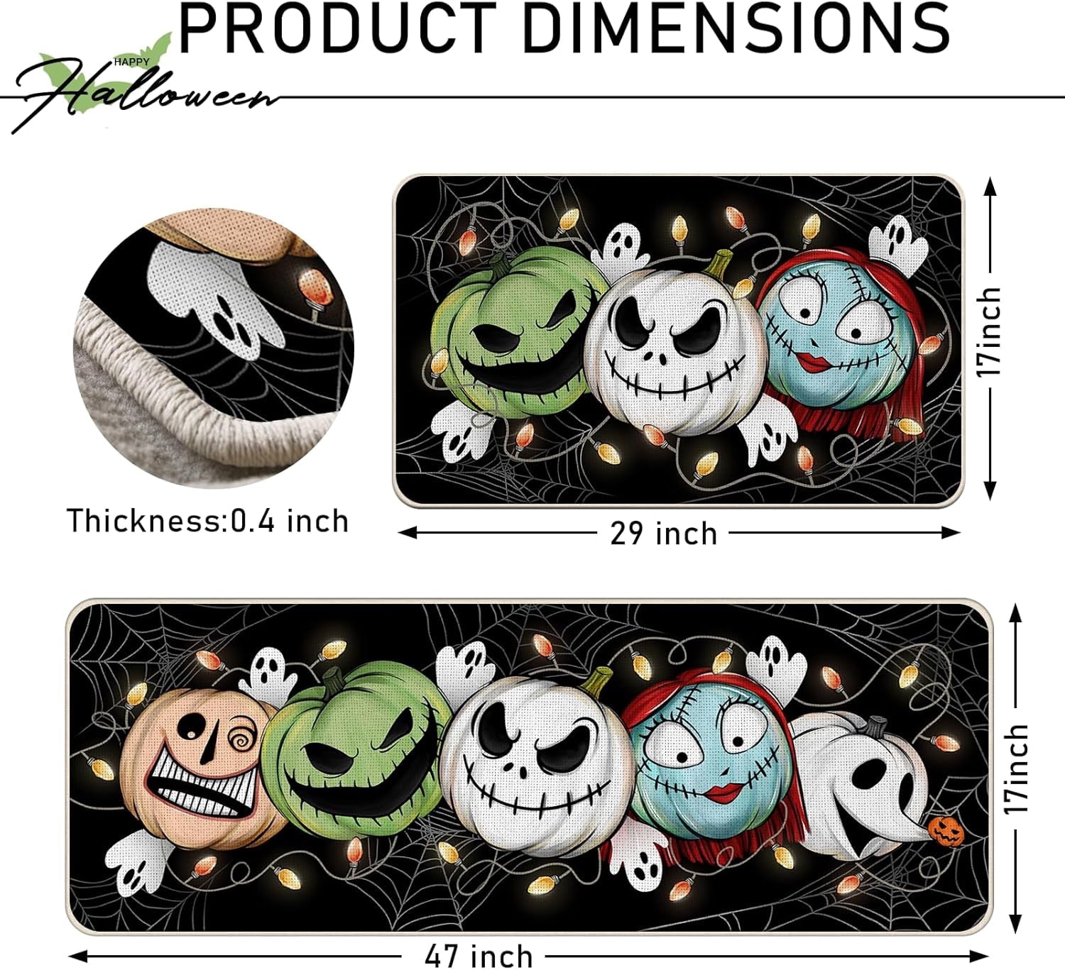 Halloween Jack Skellington Kitchen Rugs Set of 2, Green Monster Mayor Jack O Lantern Pumpkin Kitchen Mats Decor, Funny Holiday Ghost Floor Door Mat Home Decorations - 17x29 and 17x47 Inch