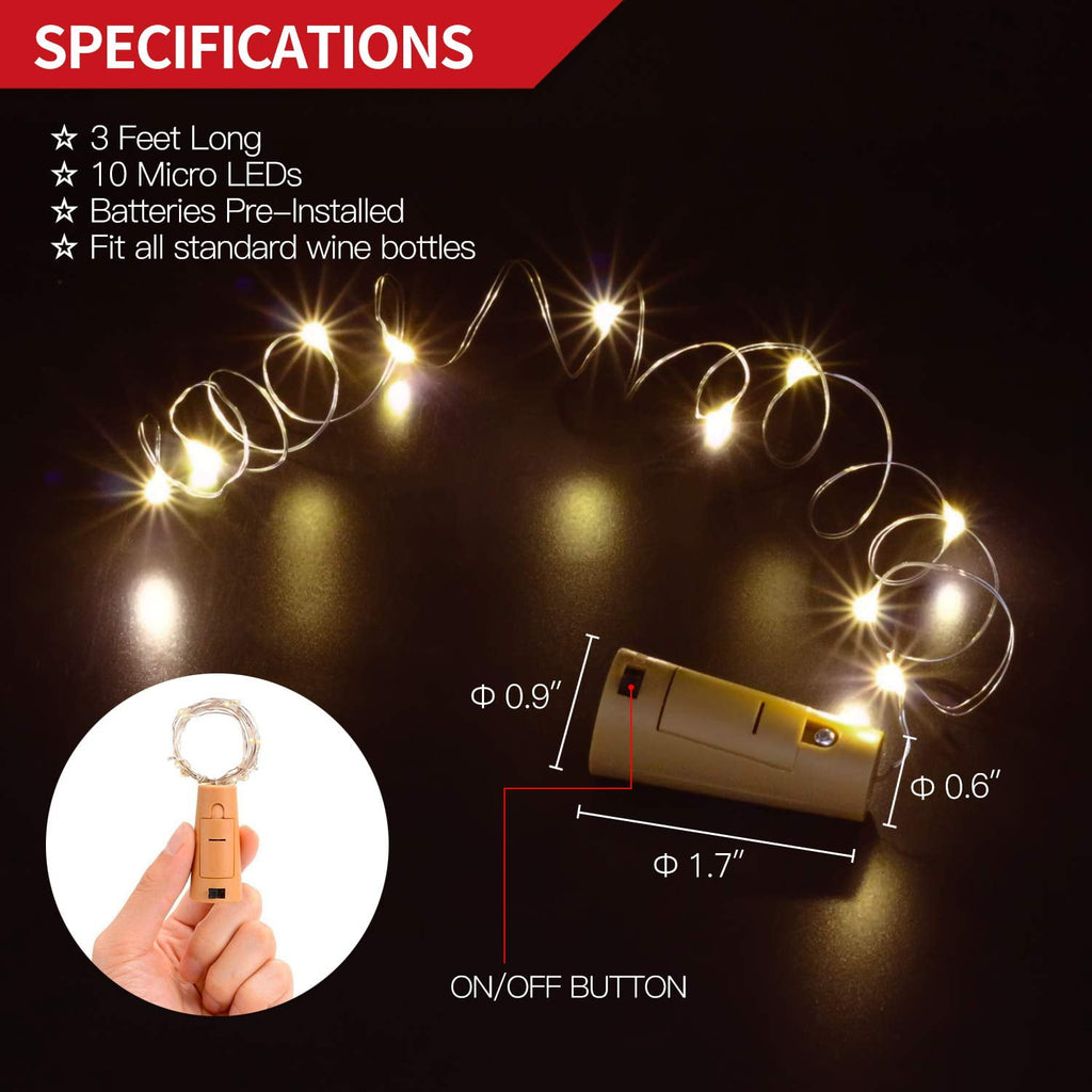 Betus 10 Pack Wine Bottles Cork String Lights - Battery Powered - Decorations for Garden, Wedding, Christmas & Party - Warm Light – 10 LEDs/3 Ft (Packs of 10)