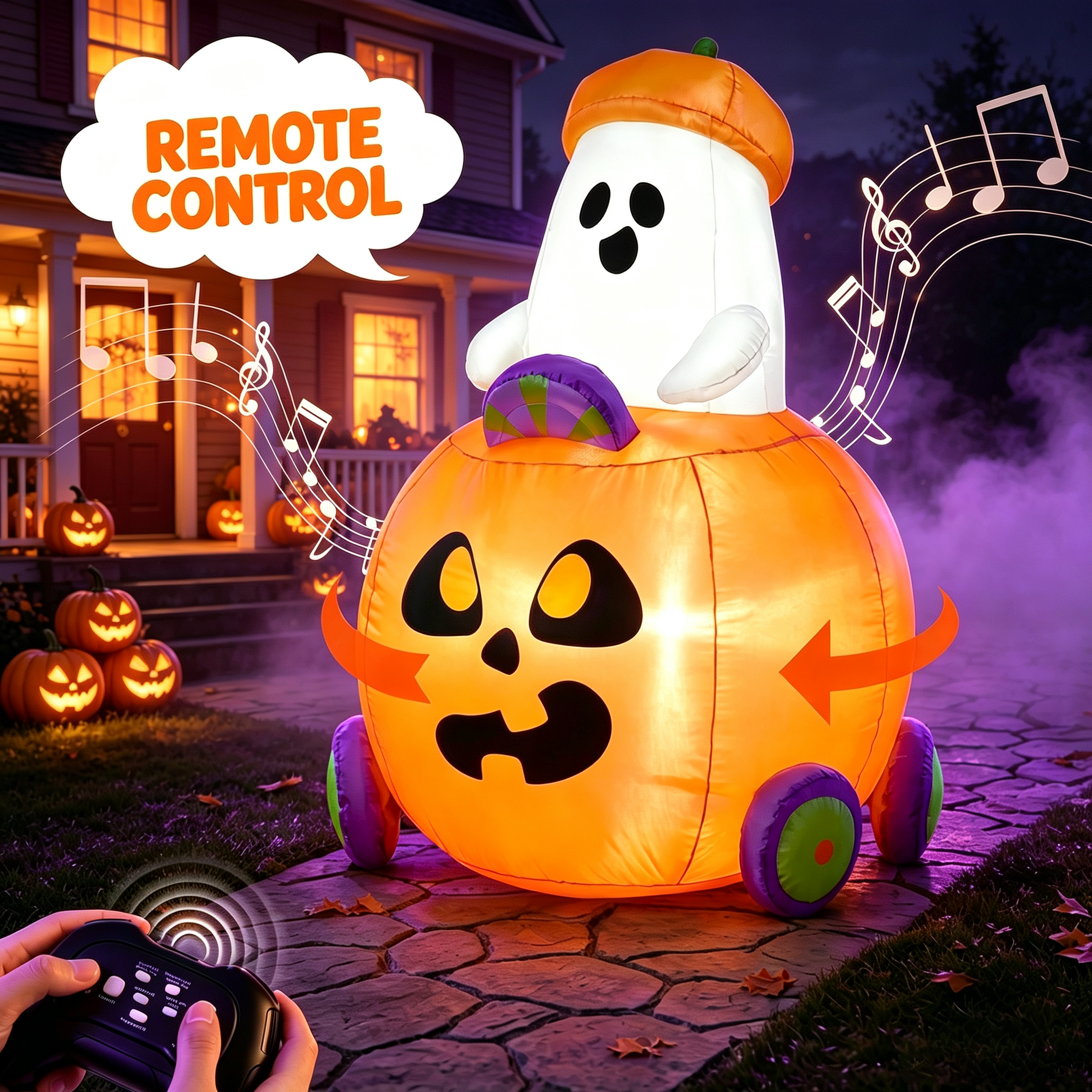 Joyfy 5ft Halloween Inflatables Light up Cute Ghost,Blow Up Ghost Lift Pumpkin Candy Bag with Build-in LEDs for Yard Decorations