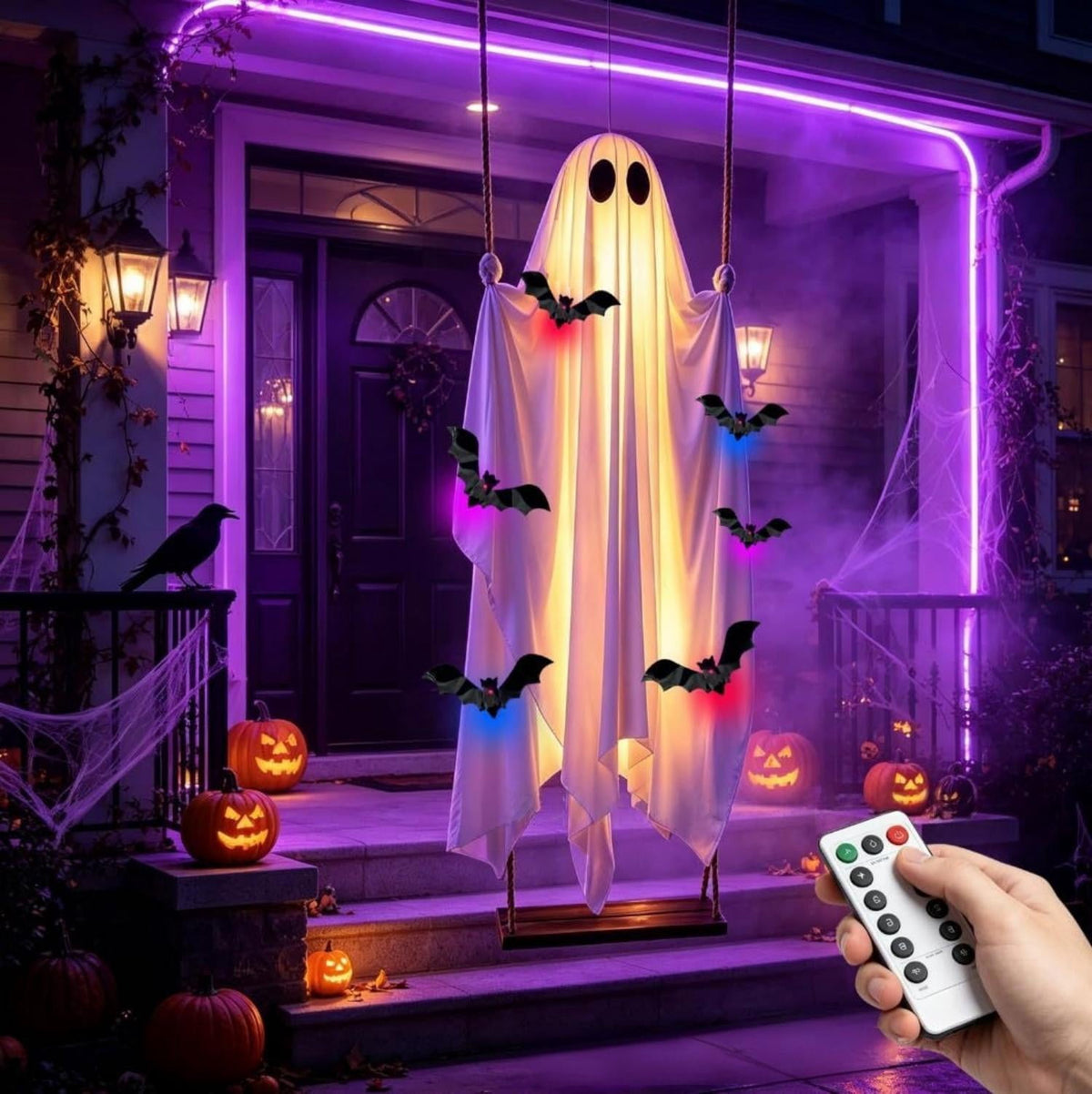 Halloween Decorations Outdoor - 5 FT Large Hanging Swing Ghost Halloween Decor with String Lights, Spooky Cute Ghosts Decorations for Front Porch Yard Tree