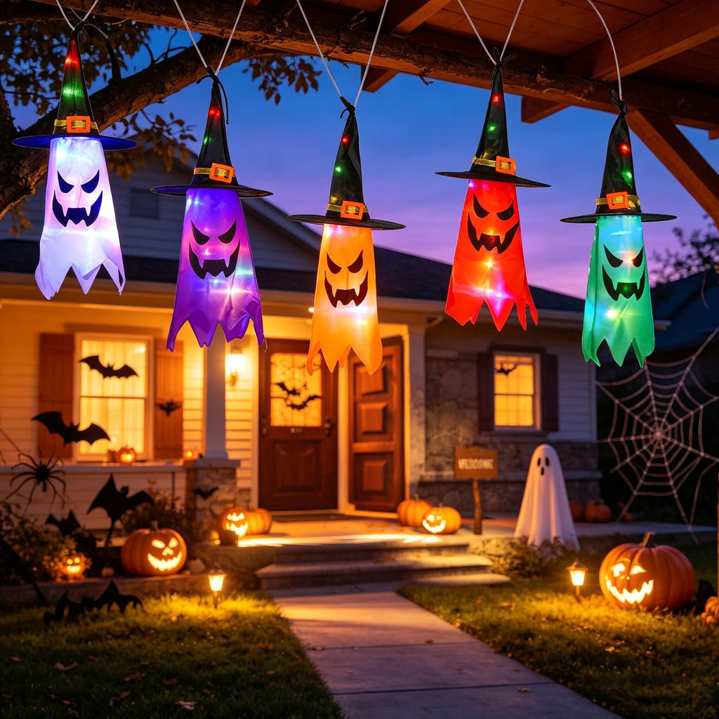 5Pcs Halloween Hanging Witch Hat String Lights, Waterproof LED Halloween Decorations, Battery Operated Colorful Glowing Witch Hat Lights for Yard Tree Porch Garden, Halloween Outdoor Decor
