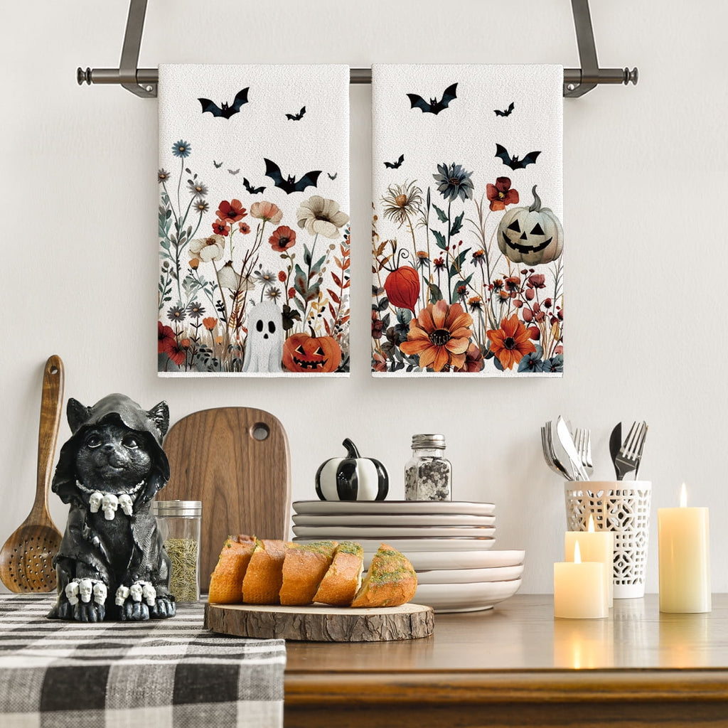 Sm:)e Ghost Pumpkins Bats Floral Spooky Halloween Kitchen Towels Dish Towels, 18x26 Inch Jack-O'-Lantern Decoration Hand Towels Set of 2