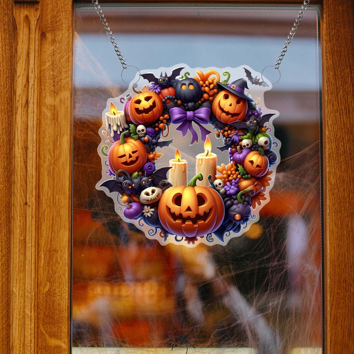 Btomtd Diameter 8" Pumpkin Skull Wreath Halloween Decor Acrylic Round Disk Hanging Ornament with Garland for Front Door Window, A