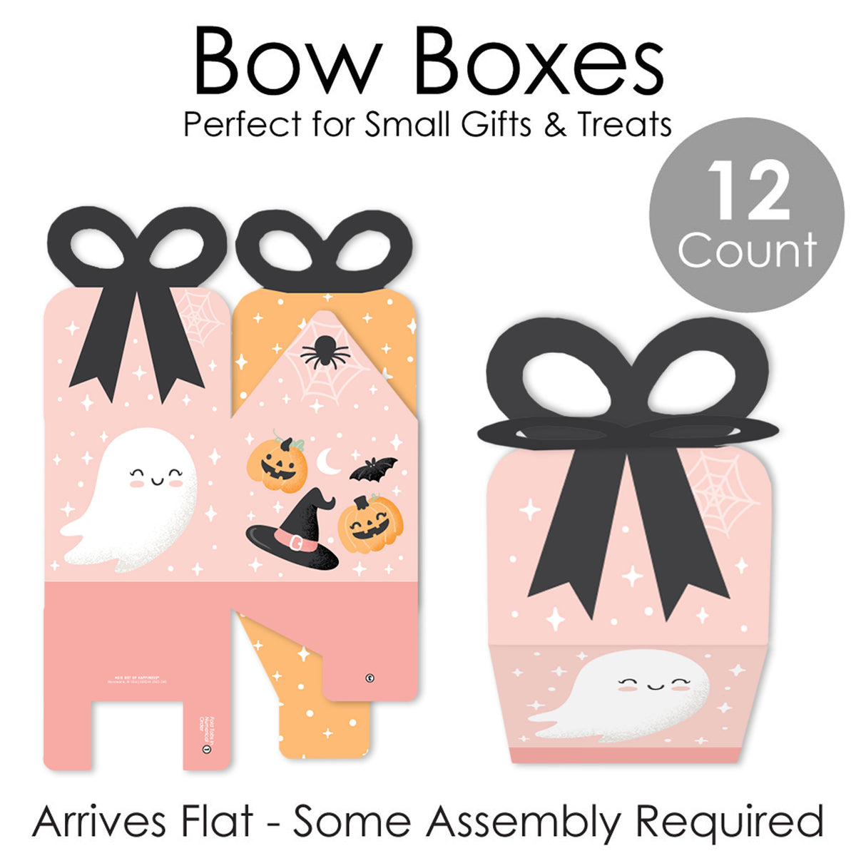 Big Dot of Happiness Pastel Halloween - Square Favor Gift Boxes - Pink Pumpkin Party Bow Boxes - Set of 12