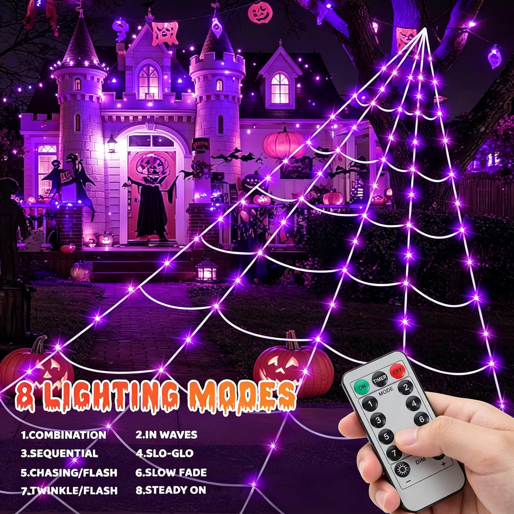 DAYBETTER Halloween Spider Web Lights, 5FT Giant Spider, 250 LED Holiday Lights, Remote Control Waterproof for Indoor Outdoor Yard Party Halloween Decorations (Purple & Orange)