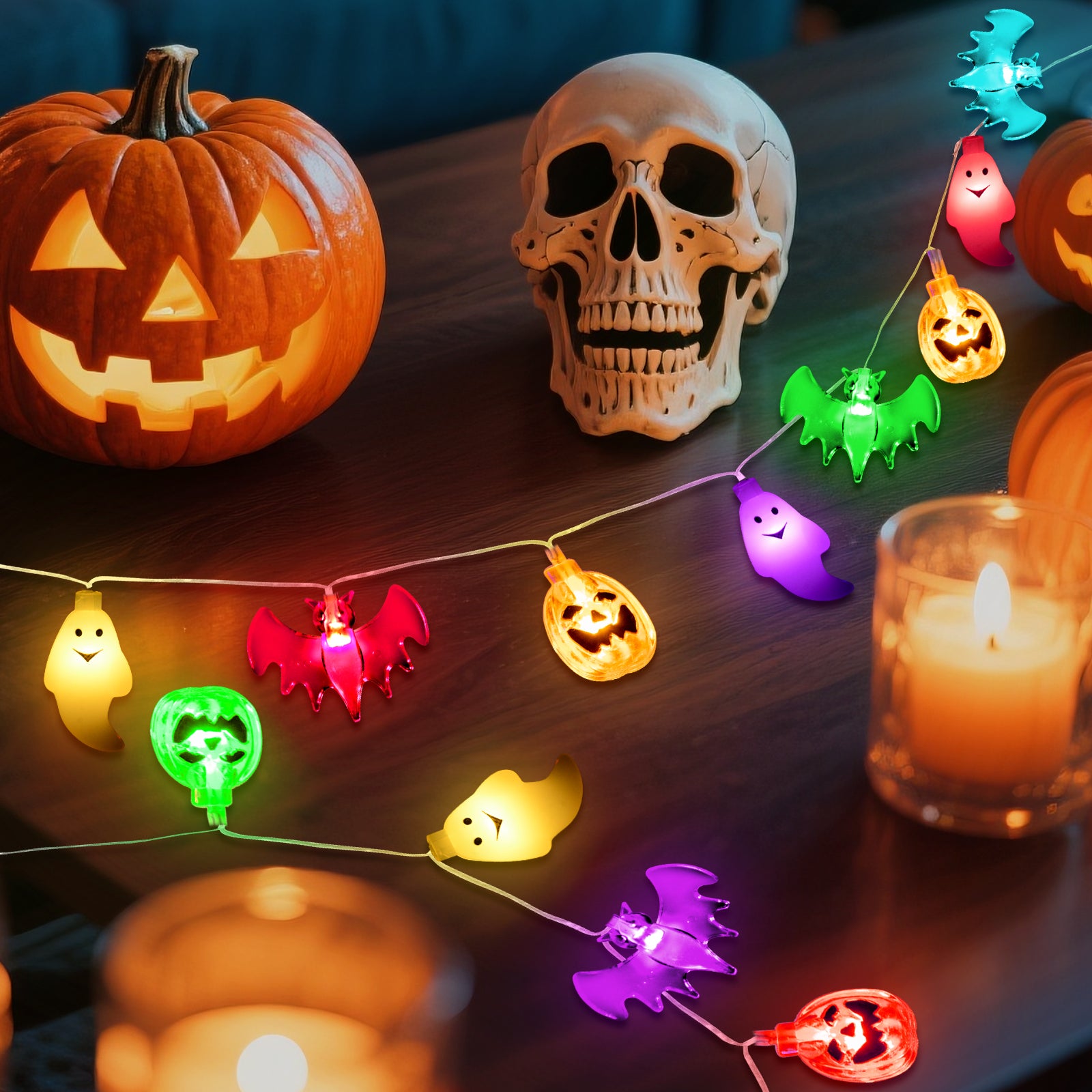 Oziral Halloween String Lights Decorations:Halloween Lights Indoor Outdoor 30 LED Battery Operated Waterproof Lights Remote 3D Pumpkin Bat Ghost Halloween Decorations for bedroom Party Yard Garden