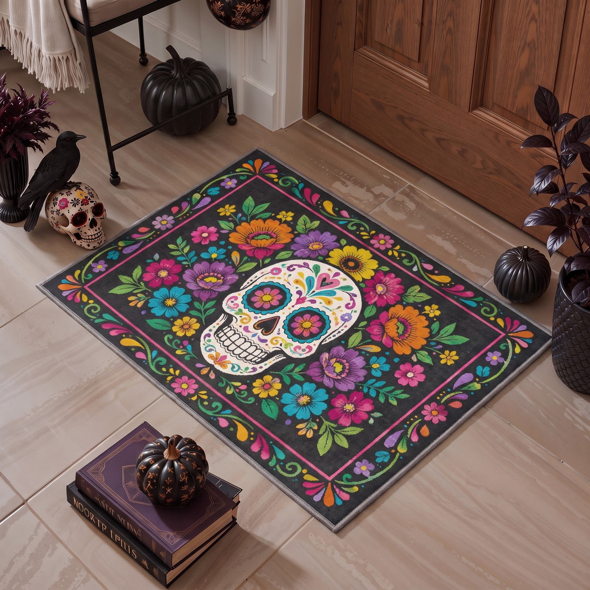 GENIMO 2'x7' Halloween Runner Rug, Washable Non Slip Soft Whimsical Skeleton Indoor Outdoor Hallway Runner for Porch Patio Kitchen Entryway, Charcoal Black