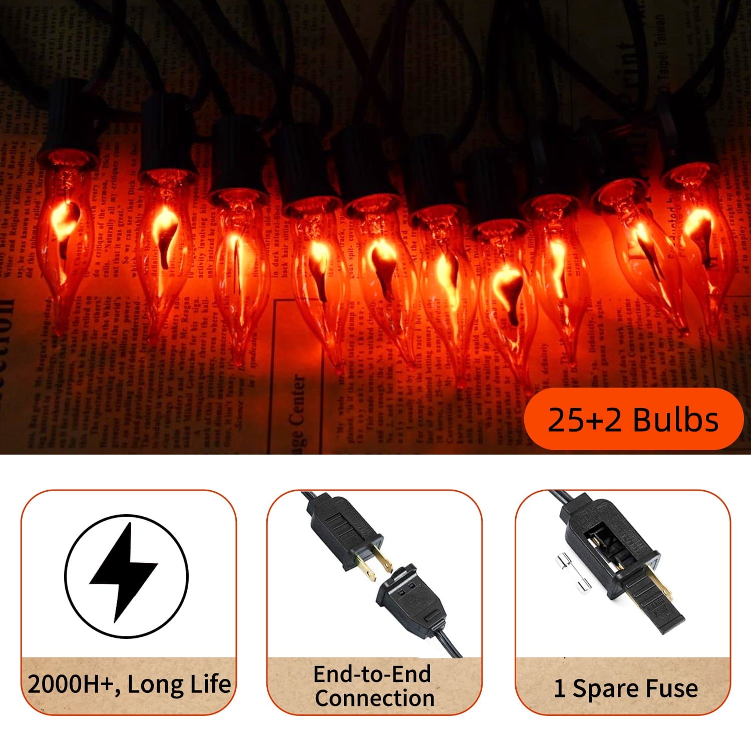 Halloween Lights Flickering Flame String Lights with 12 Pack C7 Orange Flame Light Bulbs (2 Spare), 12.8Ft Orange Flame String Lights for Indoor Outdoor Home Party Yard Halloween Decorations