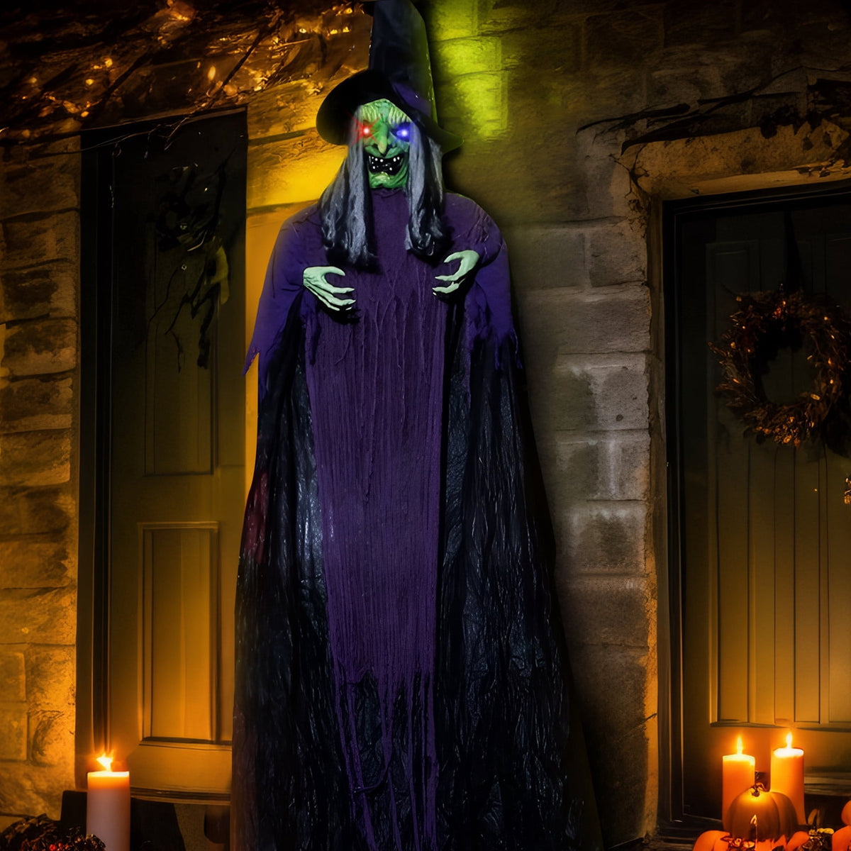 11.8ft Halloween Animatronics Hanging Witch Outdoor Decoration, Sound Animated Talking Witch with Light-up Eyes for Haunted House Prop Décor, Yard Lawn Decorations