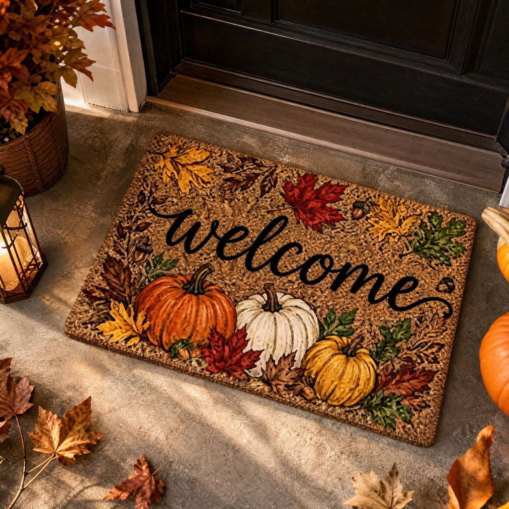 Fall Thanksgiving Welcome Doormat with Pumpkin Maple Leaf Design 15.75 x 23.62 Inch Crystal Velvet Seasonal Rug for Entryway Kitchen Home Decor