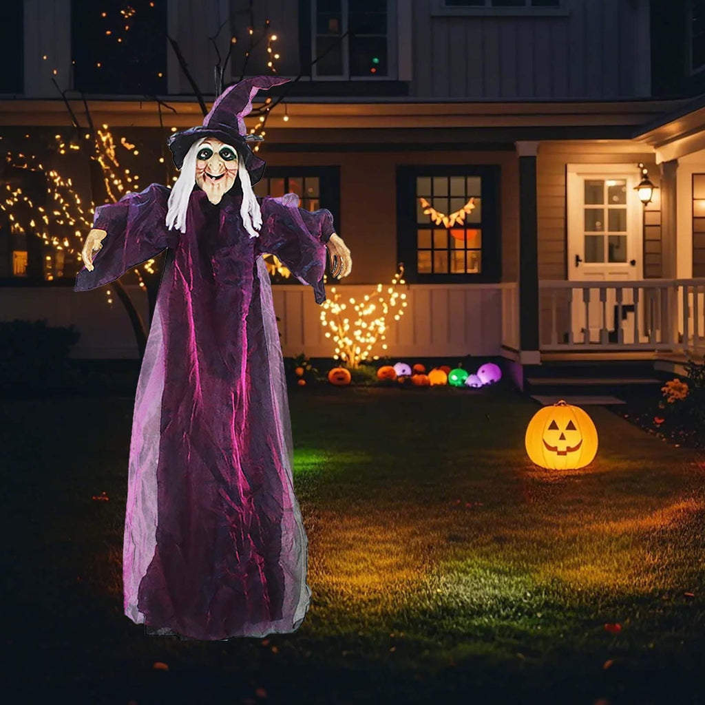 Loyerfyivos Halloween Animatronics Decoration Indoor and Outdoor, 70.87" Animated Halloween Witch with Sound Activation and Light Up Eyes, Life-Size Hanging Talking Witch, Adjustable Arms