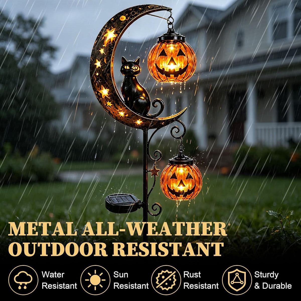 Solar Halloween Black Cat & Pumpkin Moon Garden Stake Light | Waterproof Metal Black Cat Yard Ornament, Auto On Off Solar Outdoor Light, Fall Halloween Decor Stake for Lawn Patio Pathway