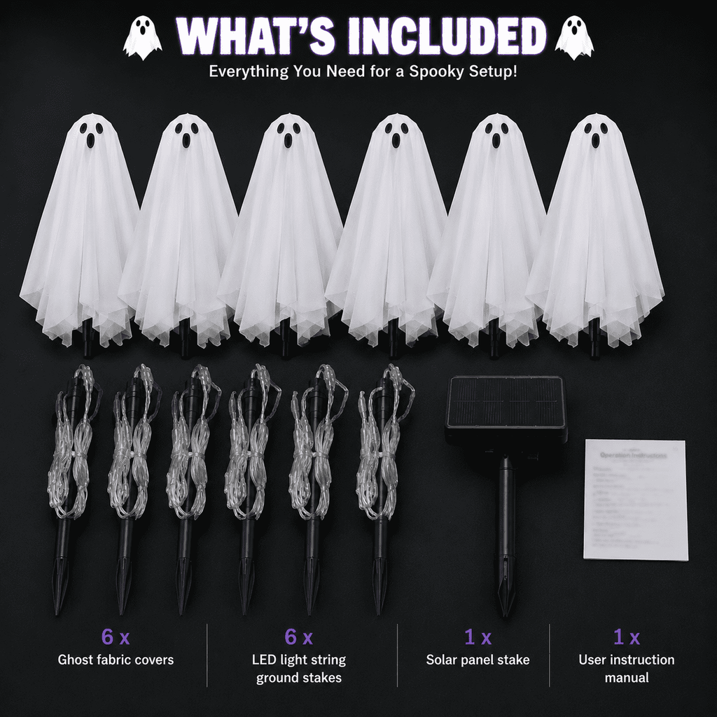6 Pack Solar Halloween Ghost String Stake Lights, White LED Pathway Lights with 8 Lighting Modes, Waterproof Outdoor Halloween Decor for Garden Yard Lawn Walkway Graveyard Decor