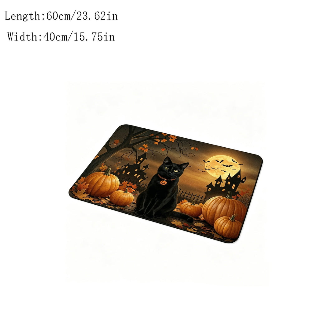 Halloween Black Cat Doormat, 23.6x15.7 Inch Spooky Pumpkin Floor Rug, Non-Slip Seasonal Entryway Mat for Front Door Porch & Indoor Decor