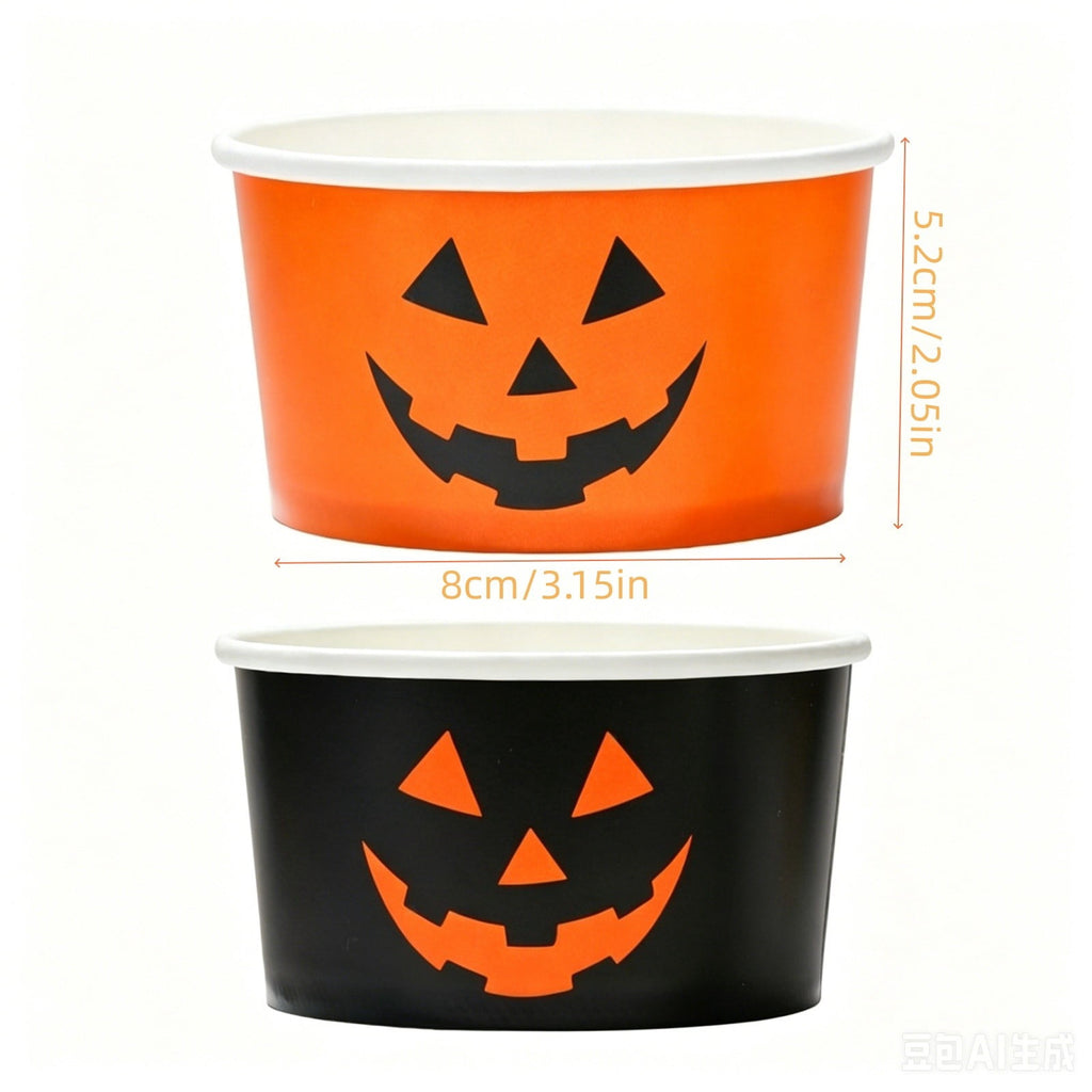 50Pcs Halloween Treat Snack Cups Ghost Pumpkin Face Pattern Disposable Paper Bowls 9oz Orange Black Paper Cups Dessert Ice Cream Bowls for Trick or Treat Halloween Movie Party Favor Supplies, 2 Style