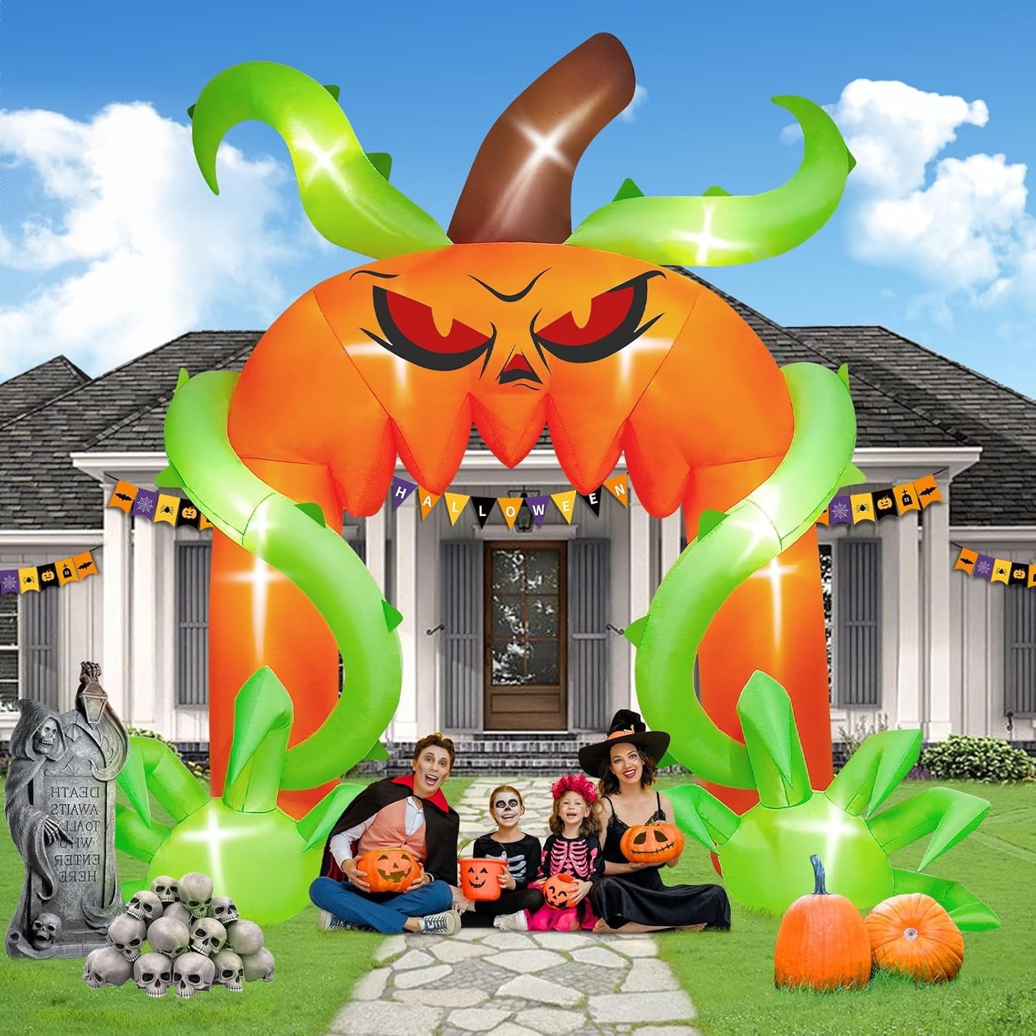 Kalolary 12FT Giant Halloween Pumpkin Arch Inflatable with LED Lights, Scary Blow-Up Decoration for Lawn, Garden, and Yard Holiday Party