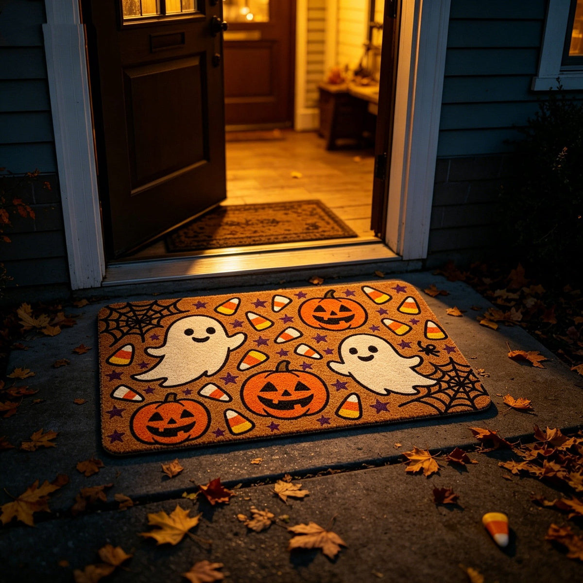 OutmaxHome Halloween Theme Cute Ghost Print Doormat, 15.8x23.6 Inch Non-Slip Absorbent Mat, Easy to Clean, for Front Door, Porch, Farmhouse