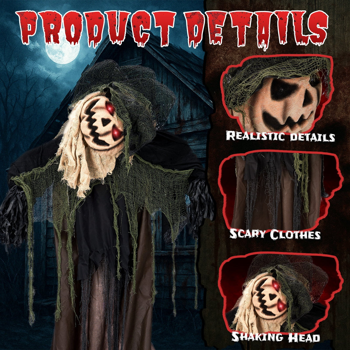 UBesGoo 6' Ghost with The Pumpkin Head Halloween Animated Animatronic Decoration, Halloween Pumpkin Skeleton Outdoors