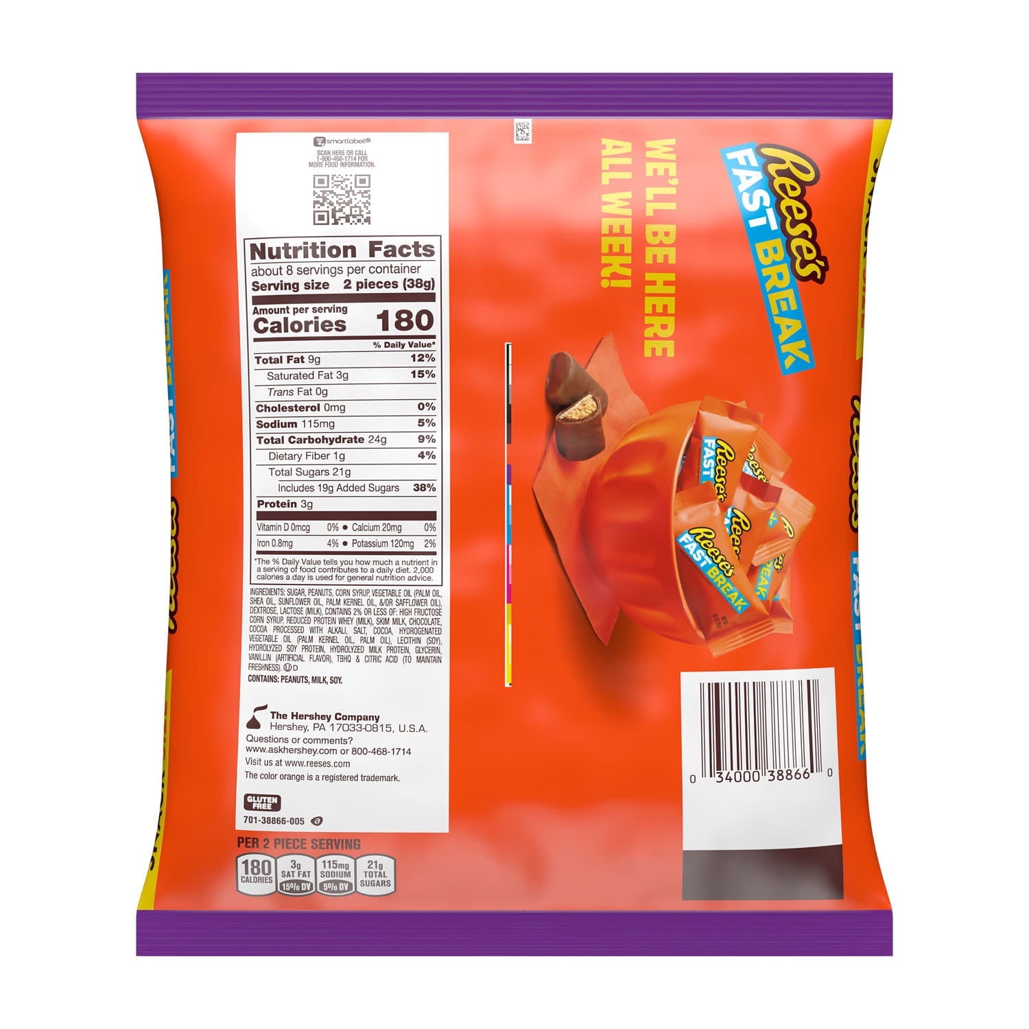 Reese's Fast Break Chocolate, Peanut Butter and Nougat Snack Size, Halloween Candy Bag, 10.1 oz