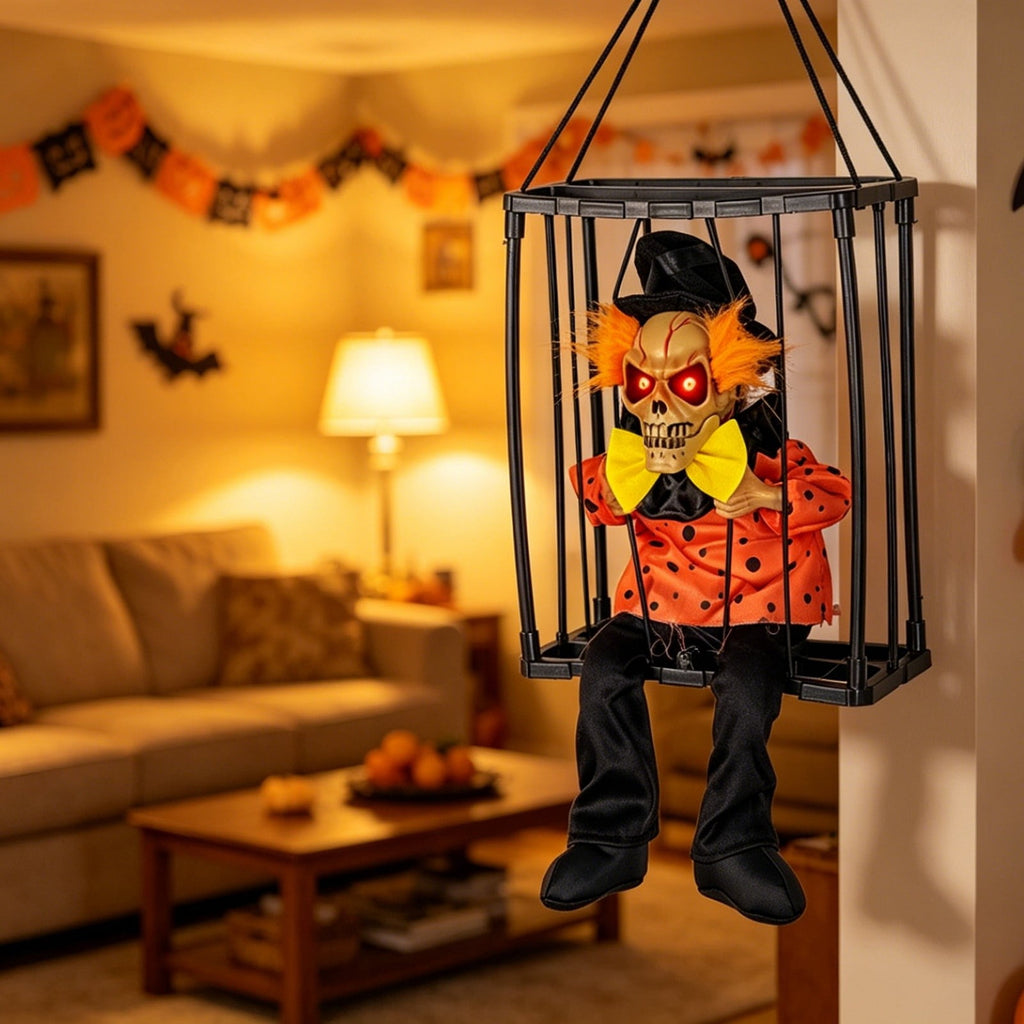 Sahpxhe Halloween Decorations Hanging Ghost Decor, Animated Shaking Caged Skeleton Prisoner with Glowing Red Eyes for Indoor Living Room Party Decor Watermelon Red