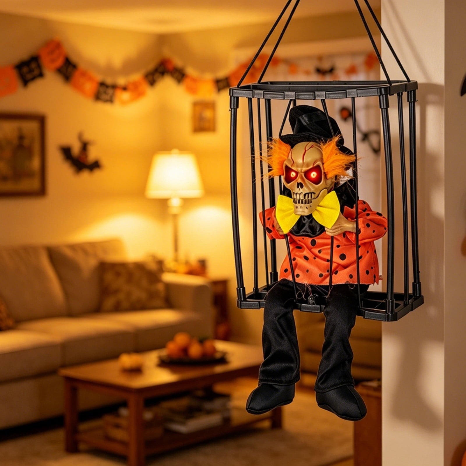 Sahpxhe Halloween Decorations Hanging Ghost Decor, Animated Shaking Caged Skeleton Prisoner with Glowing Red Eyes for Indoor Living Room Party Decor Watermelon Red