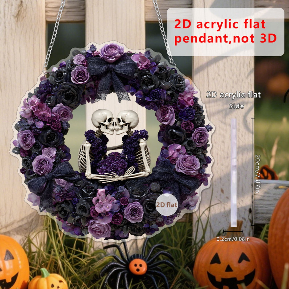 Btomtd Diameter 8" Pumpkin Skull Wreath Halloween Decor Acrylic Round Disk Hanging Ornament with Garland for Front Door Window, B