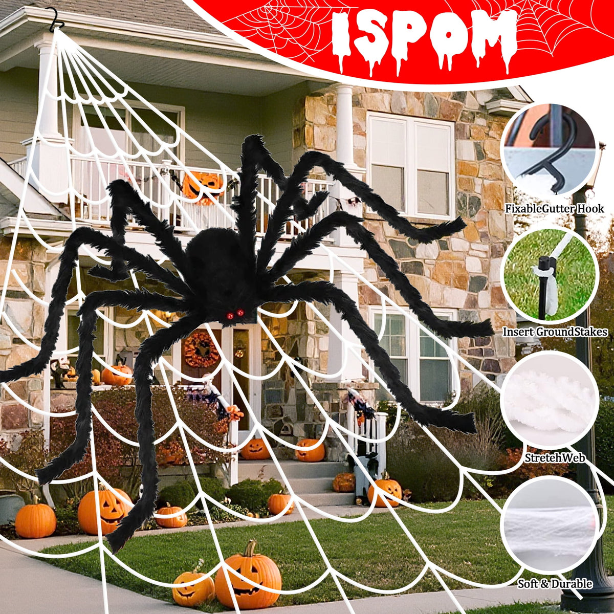 Scidweet Halloween Decorations Outdoor, 350 LED Halloween Spider Web Lights with 79" Giant Spider for Home Garden Yard Decor