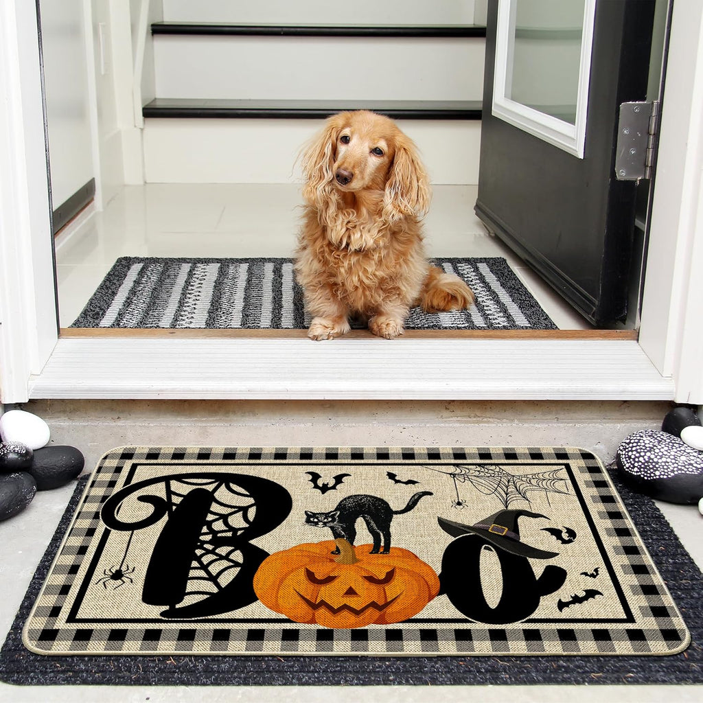 NIETEIN Halloween Door Mat Pumpkin Cat Gnomes Non-Slip Washable 31.5x19.7 Inch (Black Cat Pumpkin Bat)