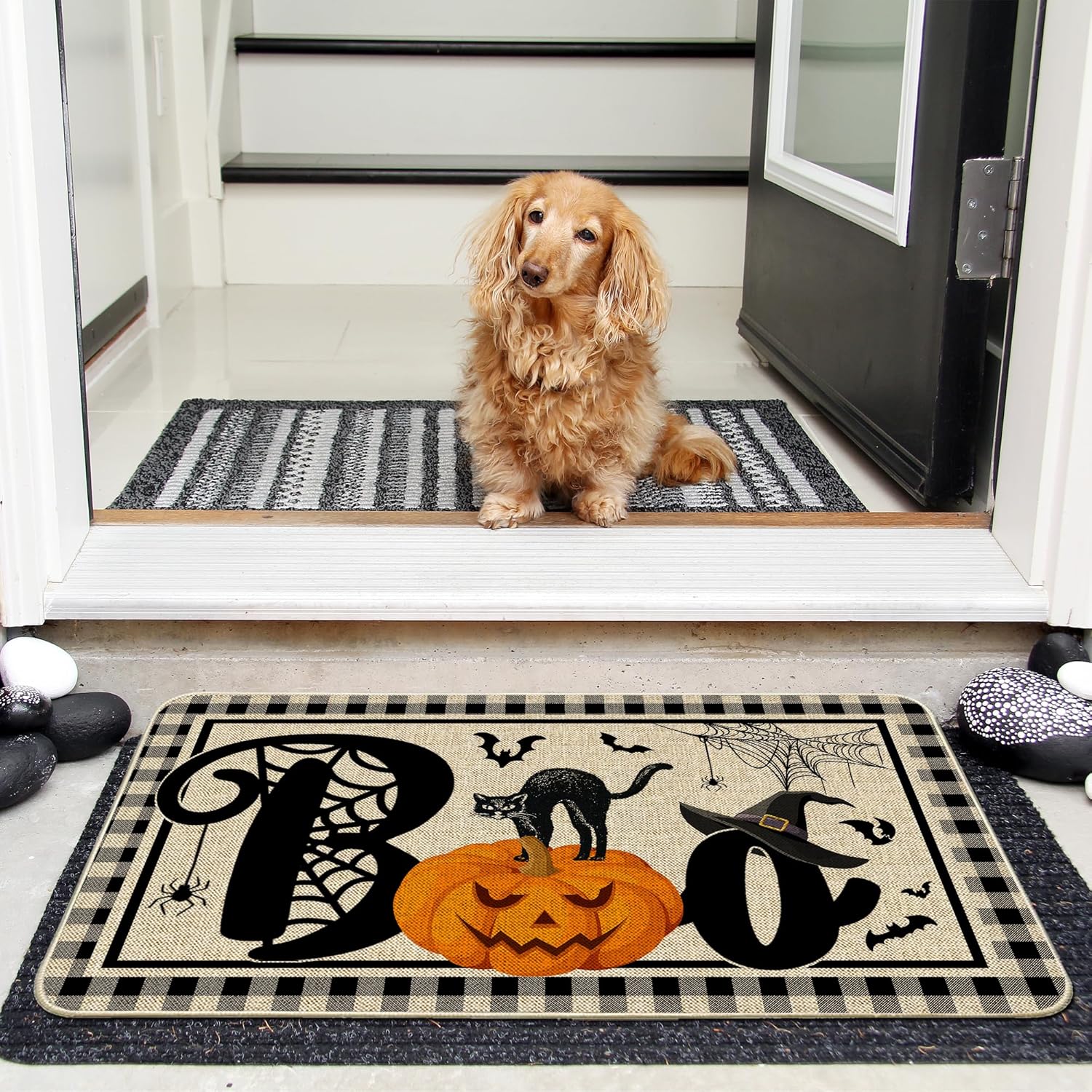 NIETEIN Halloween Door Mat Pumpkin Cat Gnomes Non-Slip Washable 31.5x19.7 Inch (Black Cat Pumpkin Bat)
