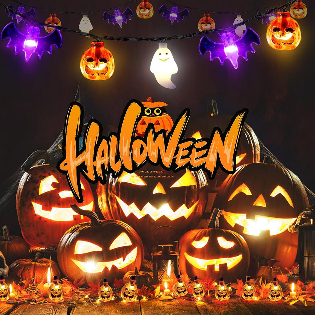 Halloween Lights, 20FT 30 LED Waterproof 3D Pumpkin Bat Ghost Battery Operated String Lights with Timer - 8 Lighting Modes Fairy Light for Window Indoor Outdoor Decor Halloween Party Decorations