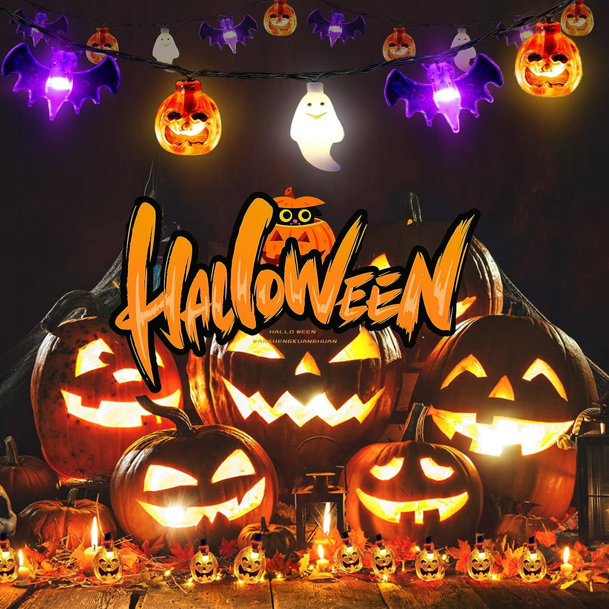 Halloween Lights, 20FT 30 LED Waterproof 3D Pumpkin Bat Ghost Battery Operated String Lights with Timer - 8 Lighting Modes Fairy Light for Window Indoor Outdoor Decor Halloween Party Decorations