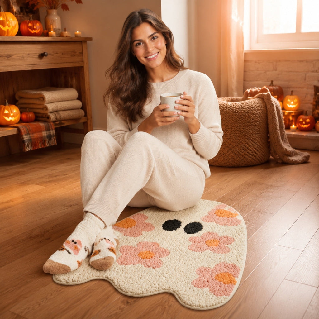 Pink Ghost Shaped Halloween Bath Mat, Boho Vintage Floral Funky Halloween Bath Mat for Bathroom Aesthetic Decorations, Rugs Non-Slip Washable Multicolor