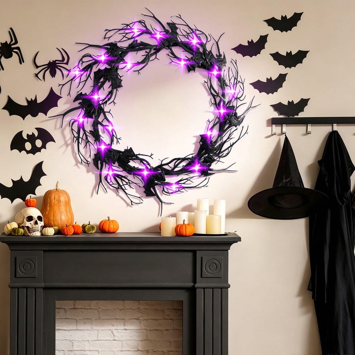 AGCAN Halloween Wreaths for Front Door, 17 Inch Pre-Lit Halloween Wreaths with Bats & Deadwood, Halloween Decorations for Door,Porch,Window,Indoor and Outdoor Decor