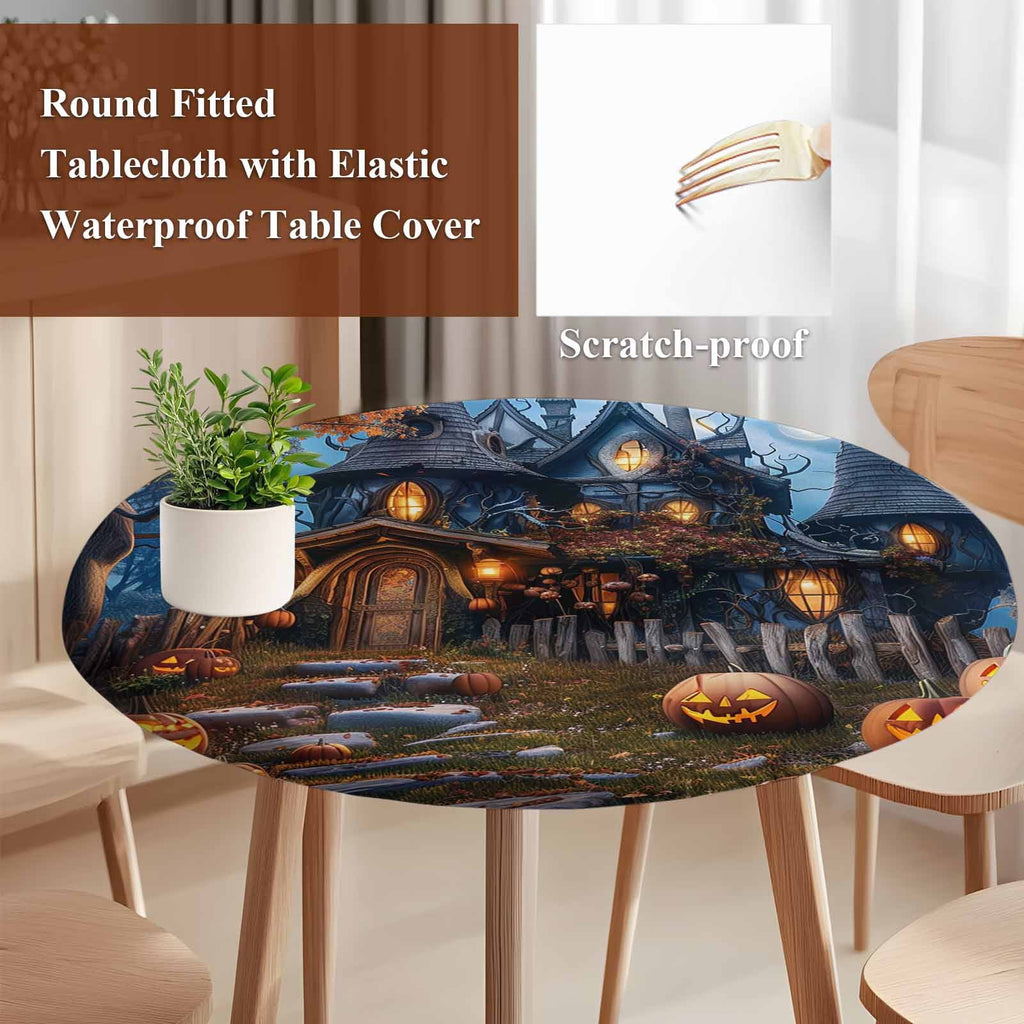 Halloween Round Tablecloth 36-44 Inch Round Fitted Table Cloth with Elastic Edge, Forest Ghost Pumpkin Castle Vintage Cottage Waterproof Table Cover Protector for Outdoor Picnic Party Dining