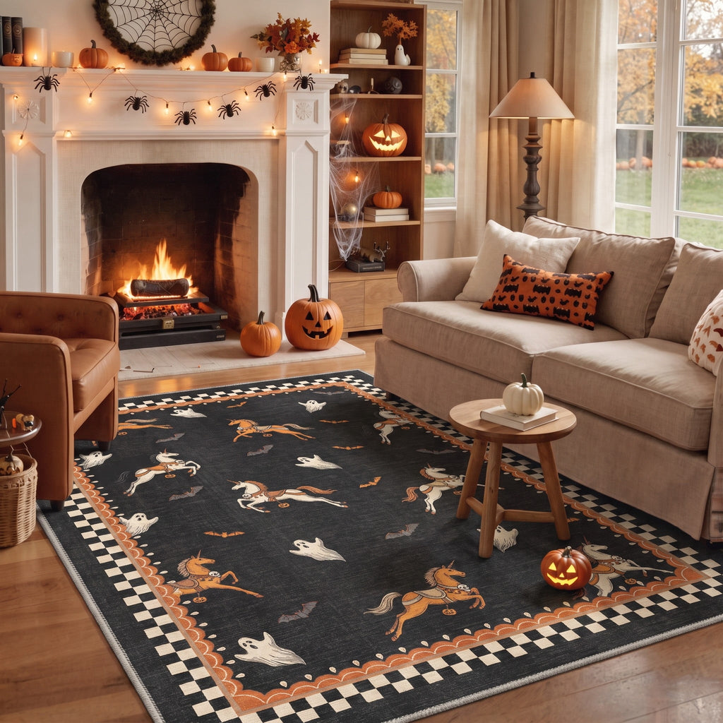 GENIMO 2'x7' Halloween Runner Rug, Washable Non Slip Soft Farmhouse Pumpkin Indoor Outdoor Hallway Runner for Porch Patio Kitchen Entryway, Vintage Sepia