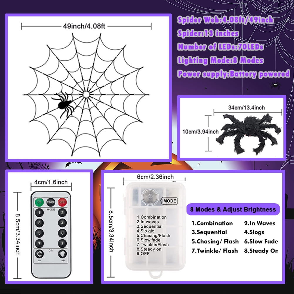 16.4Ft Large Spider Webs Halloween Decorations Lights, Outdoor Battery Operated Purple Halloween String Lights with 8 Modes Remote Control 125 LEDs Spiderweb,60" Large Spider,Waterproof (Purple)