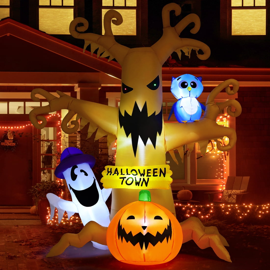 GOOSH Halloween Inflatables 8 FT Halloween Inflatable tree with Ghost Pumpkin and Owl, Halloween Dead Tree Decorations Scary Halloween Decorations with Built-in Lights for Halloween/Holiday/Party