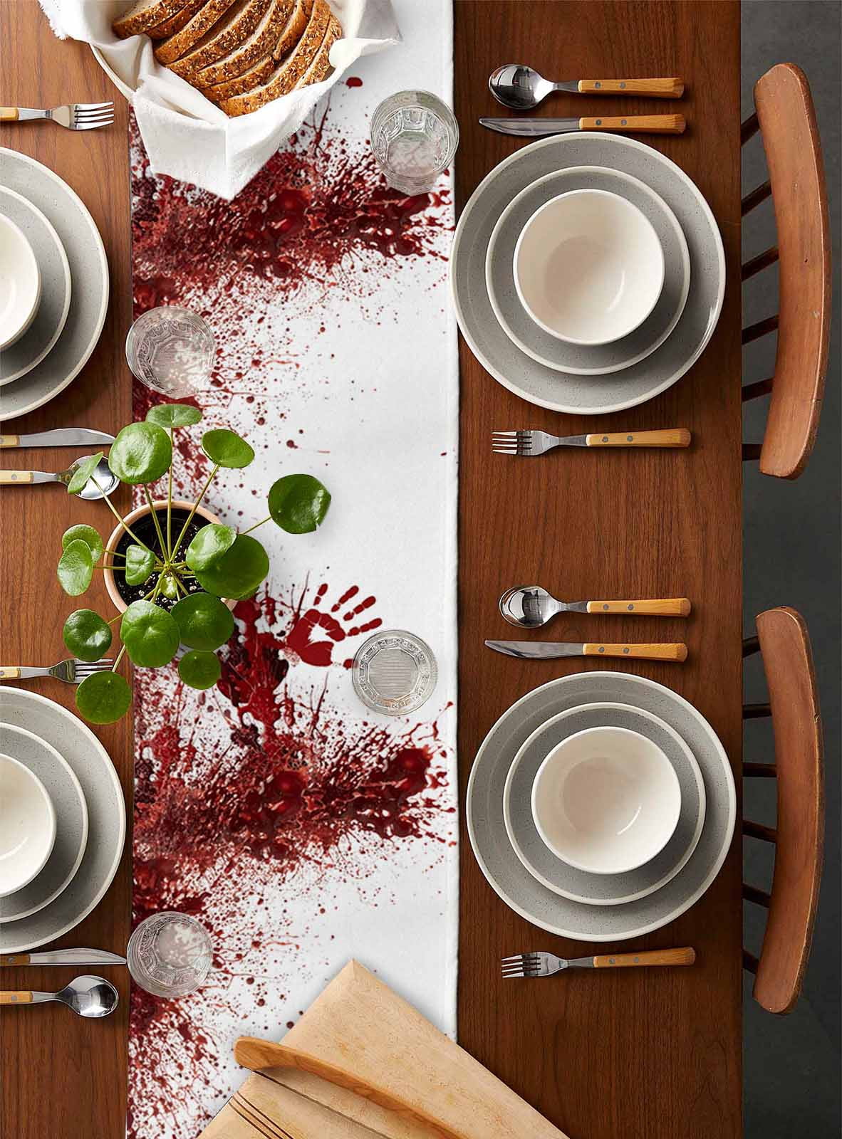 Halloween Red Blood Table Runner 90 Inches, Horror Bloody Handprint Bed Runner Dresser Scarves Tabletop for Indoor Outdoor Parties/Ceremony/Banquet, 13" x 90"